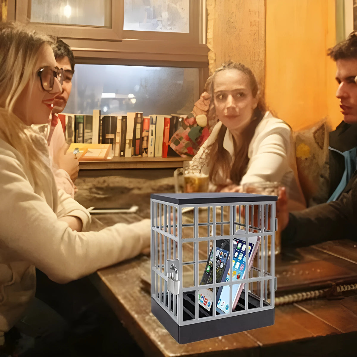 Grey plastic phone storage cage with six grooves and padlocks for locking mobile devices