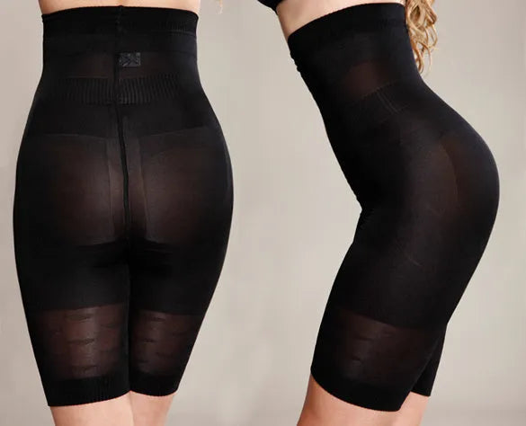 Black seamless high-waisted shapewear shorts for women laid flat.