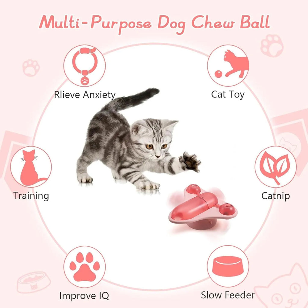 Blue interactive pet puzzle toy with bell, catnip compartment, and treat-dispensing snack cabin