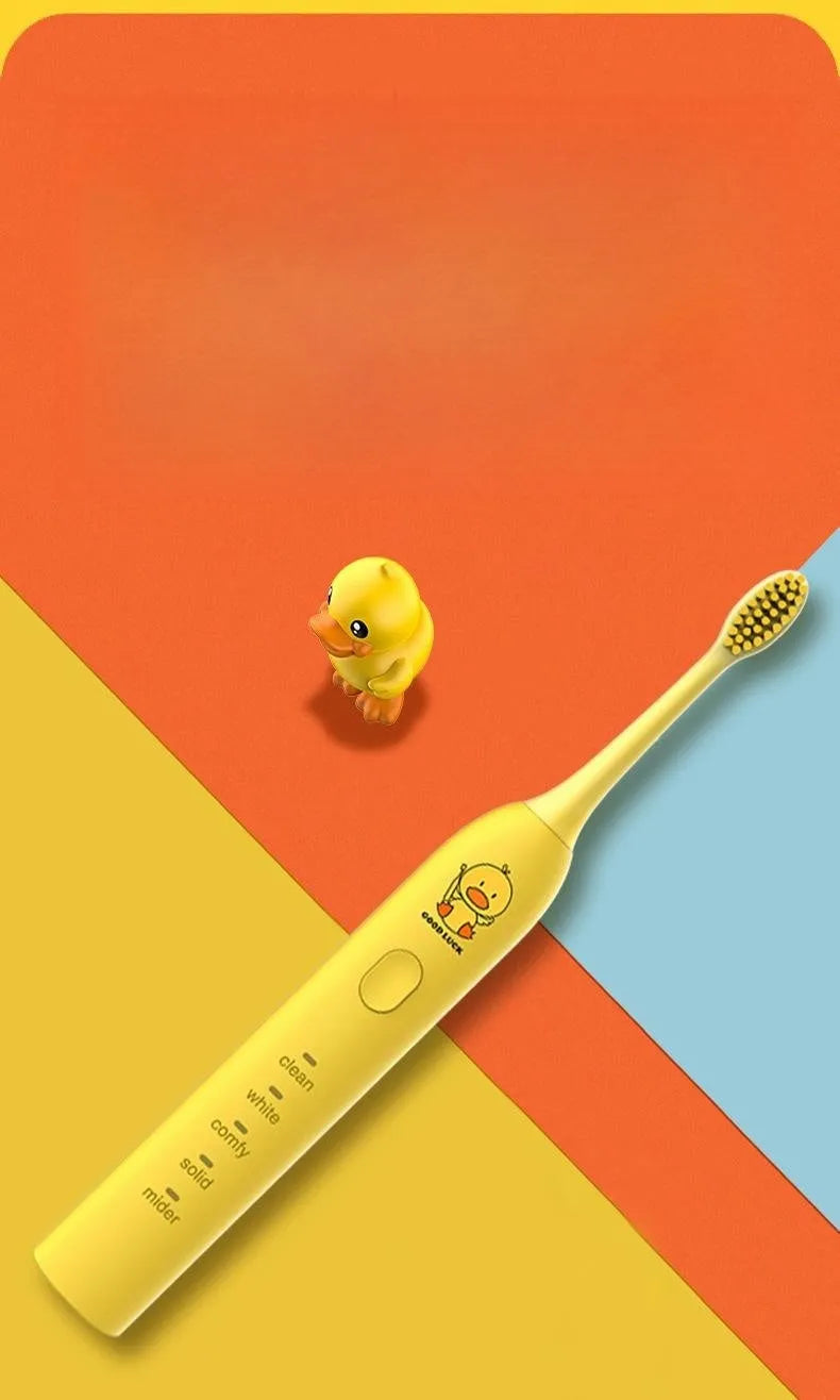 Yellow duck design USB rechargeable electric toothbrush with soft bristles and laser-engraved shell