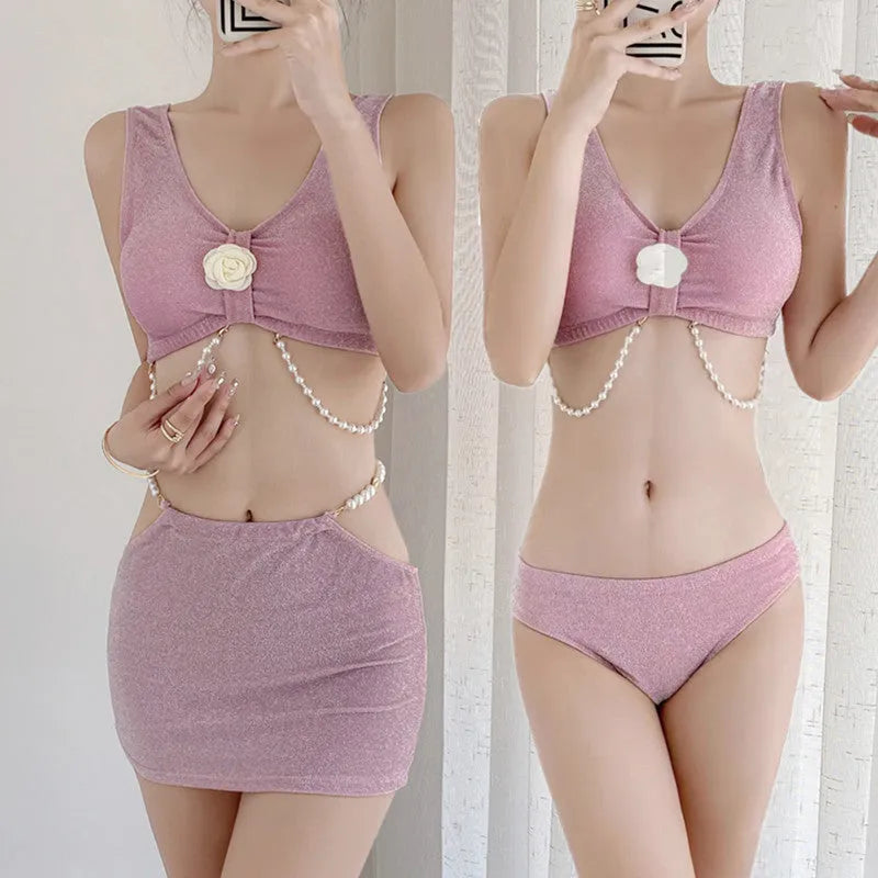 Women's pink and black three-piece polyester bikini set for swimming and hot springs