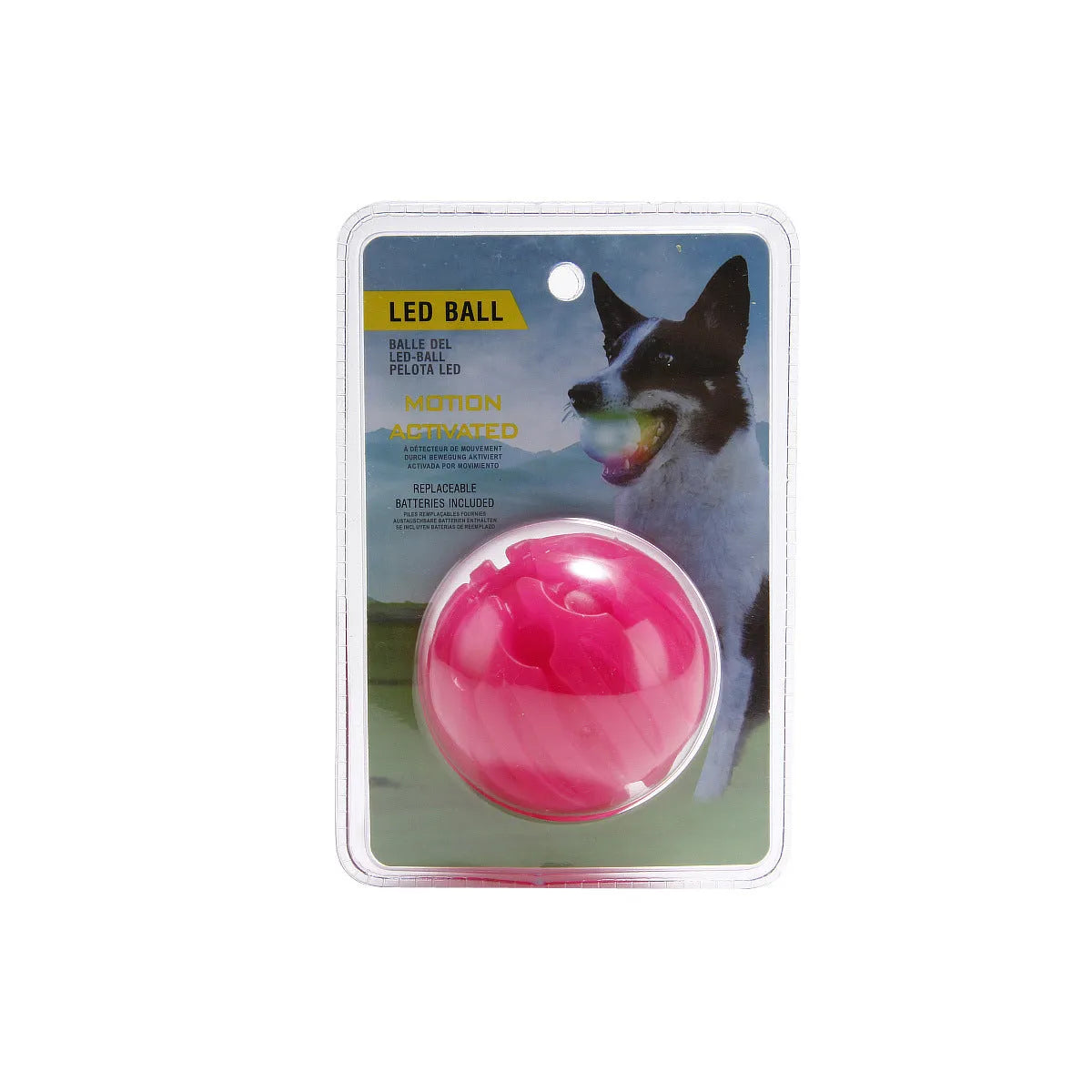 LED glowing dog biting ball in six colours with three sizes visible: red, blue, green, orange, pink, yellow.