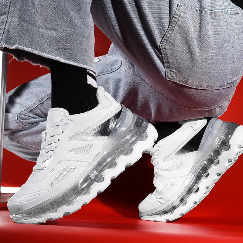 Men's white or black full palm air cushion sports shoes with breathable PU upper and wear-resistant sole