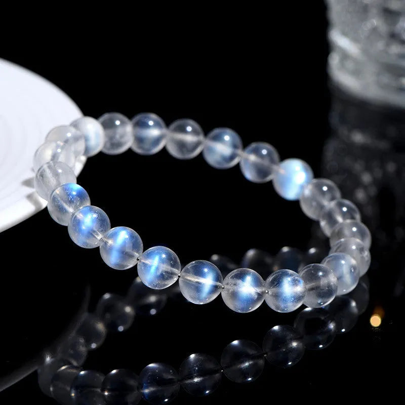 Natural cream crystal Blue Moonlight bracelet with various bead size options on a wrist.
