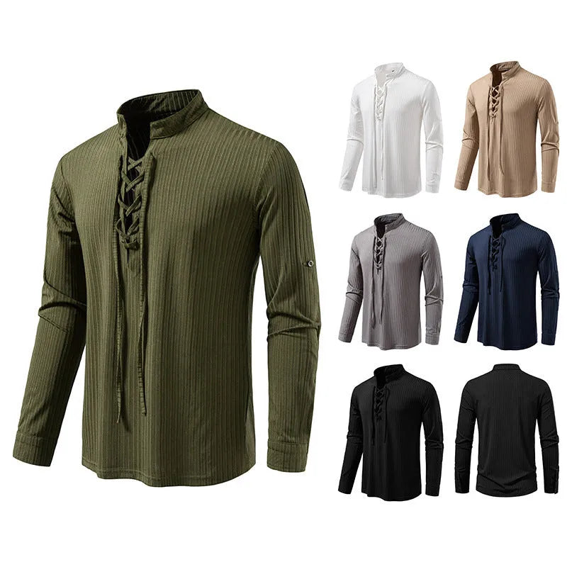 Men's casual long sleeve T-shirt with drawstring, slim fit, shown in six colours, sizes S to 2XL.