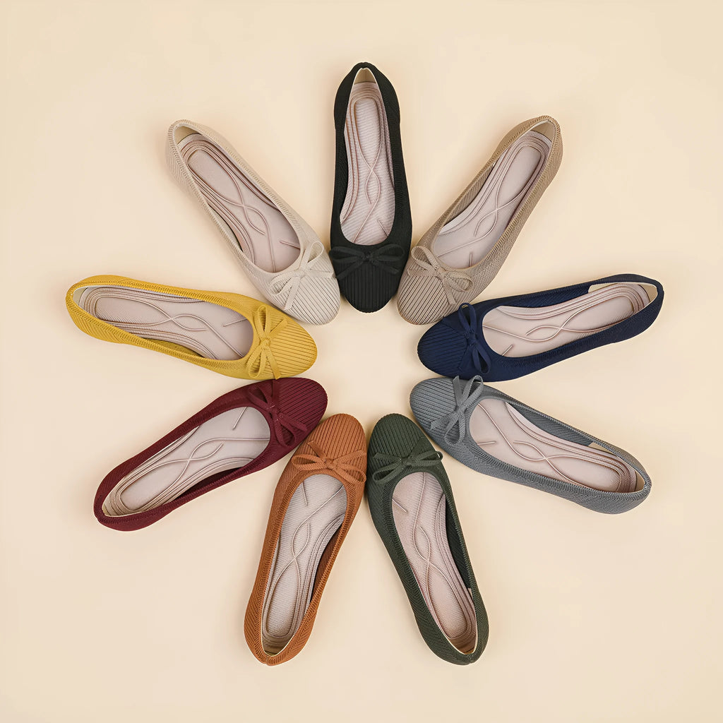 Women's fabric flat pumps with bow decoration and round toe in butterfly colours