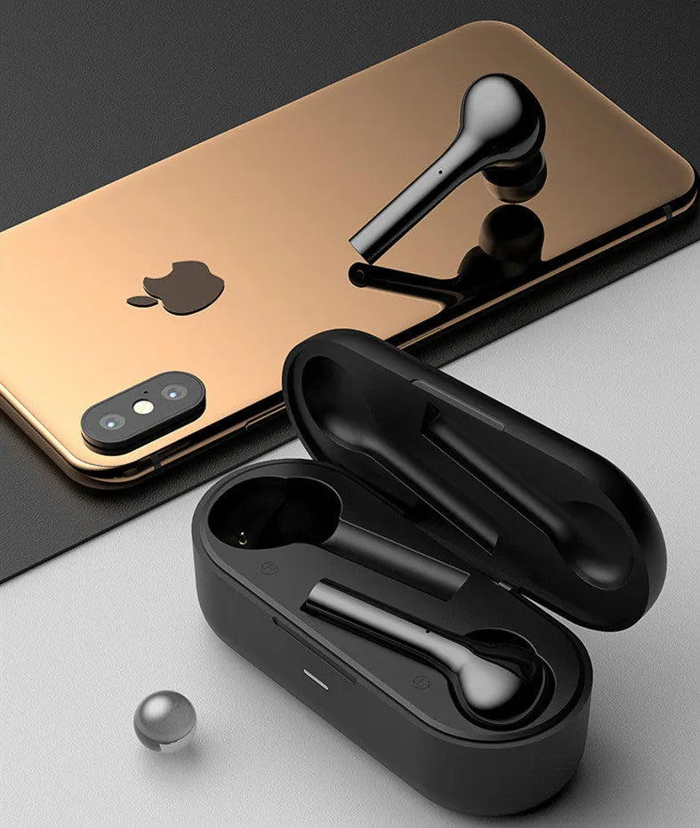 Black and white Bluetooth wireless in-ear headphones with touch controls and charging case