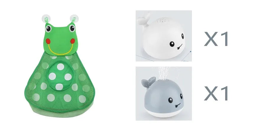 Whale-shaped electric bath toy spraying water with flashing lights, floating in baby bathtub