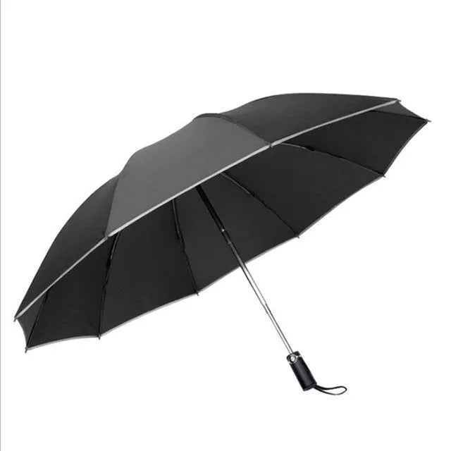 Inverted umbrella with auto close button and reflective stripes on black canopy