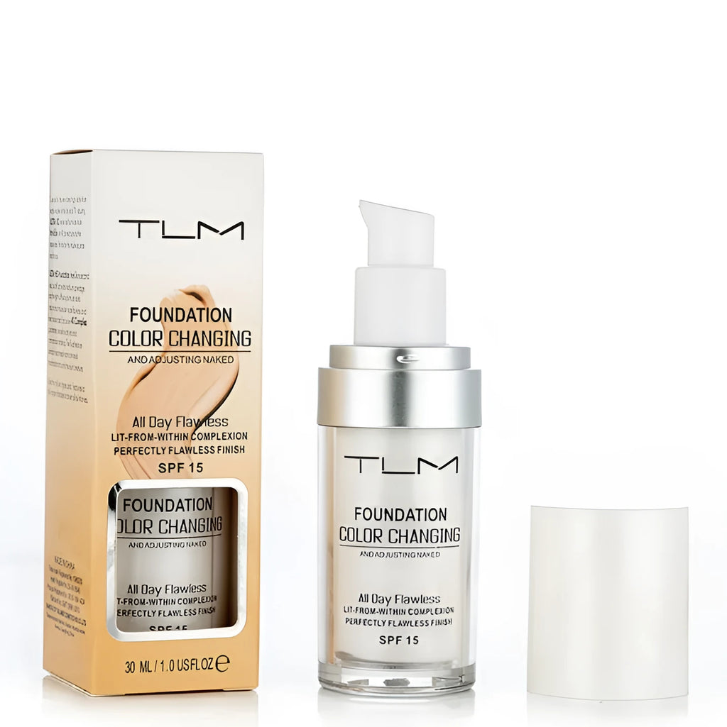Colour changing liquid foundation bottle with SPF 50 and shade-sensing beads, 11.9x3.9cm size.