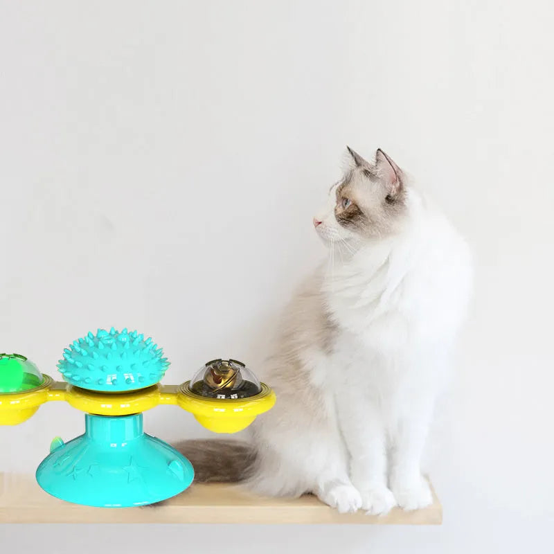 Cat rotating windmill multi-function toy with suction base and luminous ball in blue turntable colour