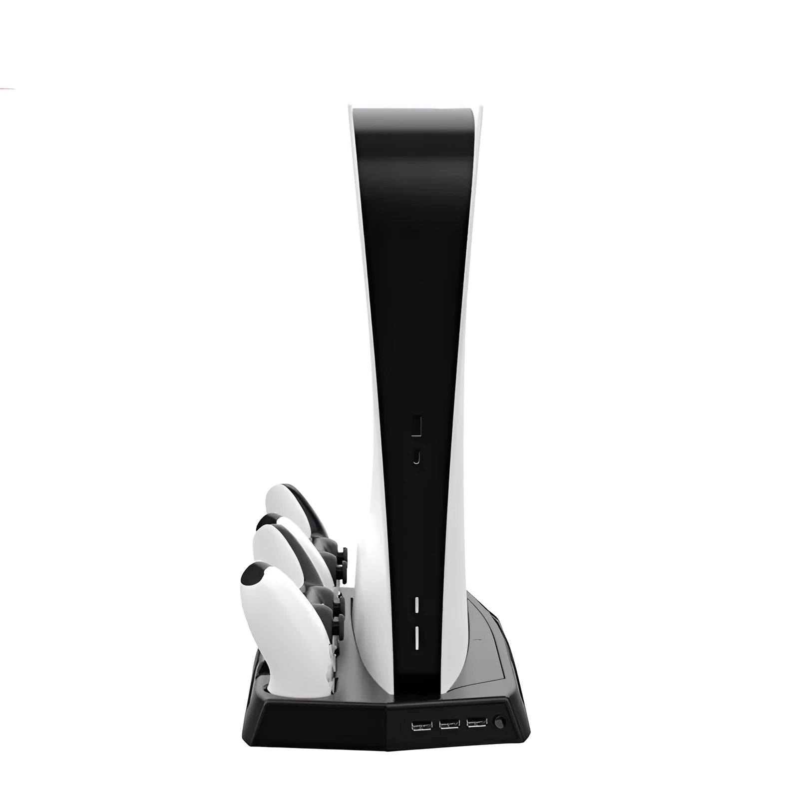 Black PS5 charging cooling base station with two controller docks and USB ports