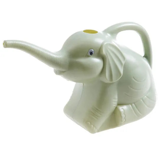 Pink children's watering can shaped like a sitting elephant with a long nozzle and bottle-shaped handle.