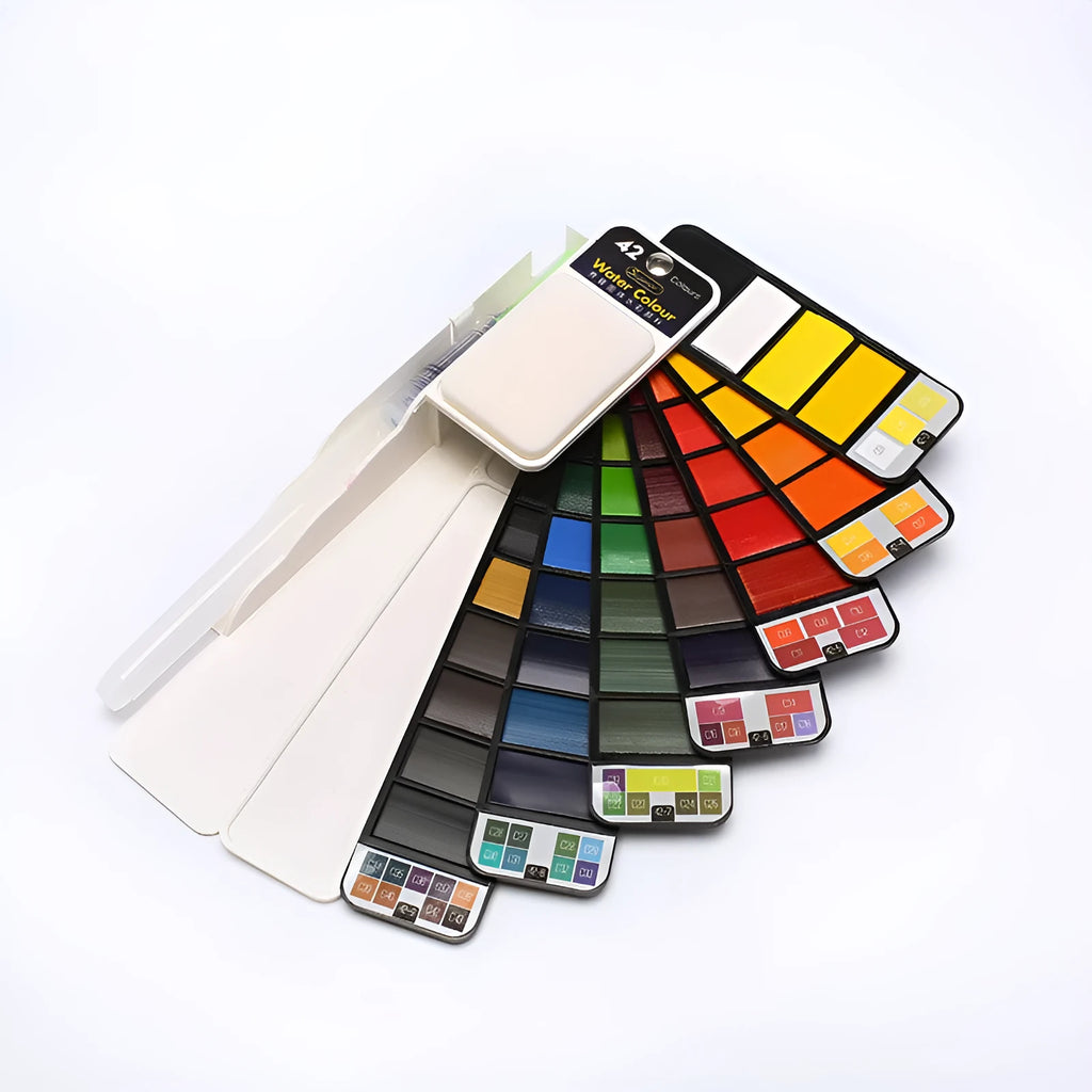 Fan-shaped foldable solid watercolour paint set with fountain pen and sponge in transparent plastic box