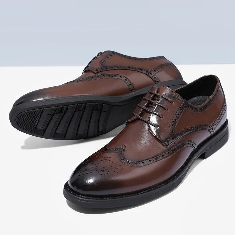 Men's black and brown brogue business shoes with traditional perforated detailing on PU leather upper
