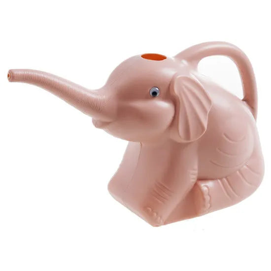 Pink children's watering can shaped like a sitting elephant with a long nozzle and bottle-shaped handle.