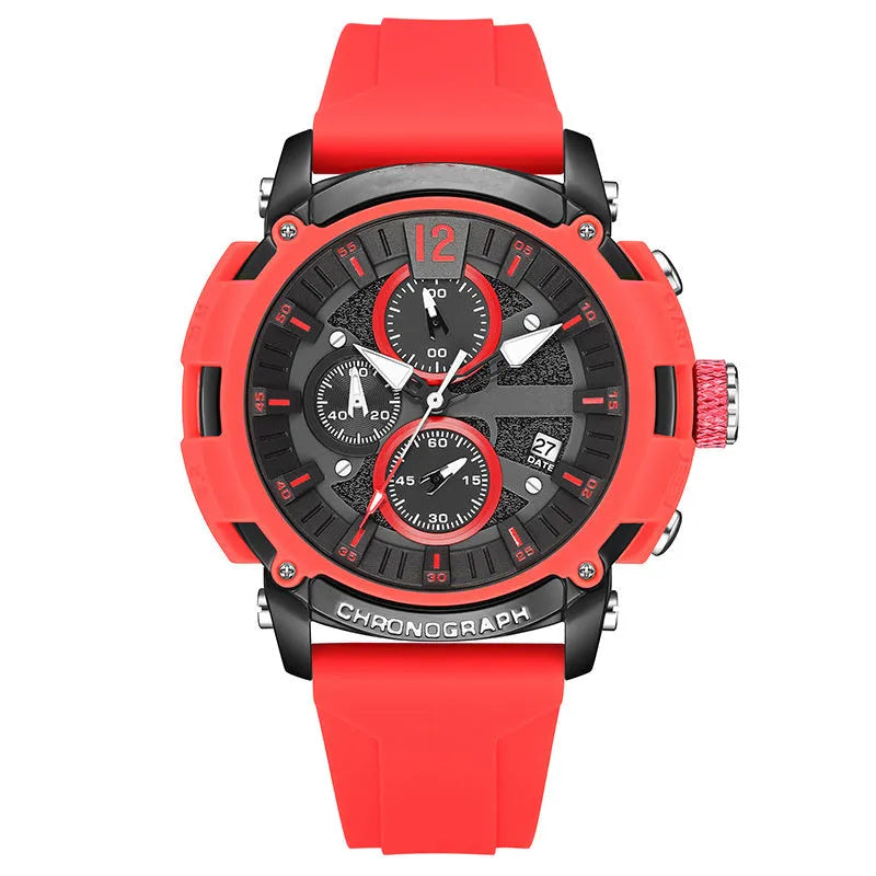 Men's black luminous dial watch with calendar display and stainless steel case.