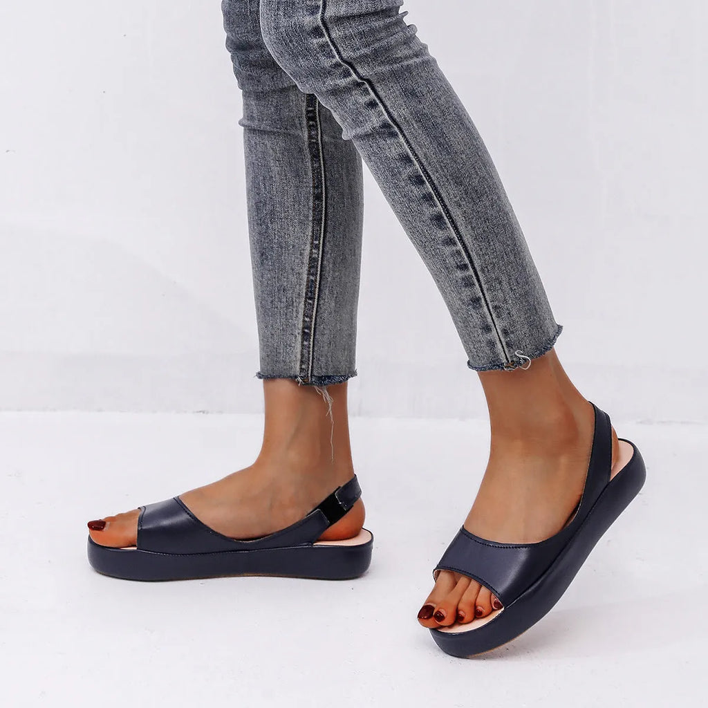 Women's solid colour fish mouth flat sandals with back strap, artificial PU upper, rubber sole