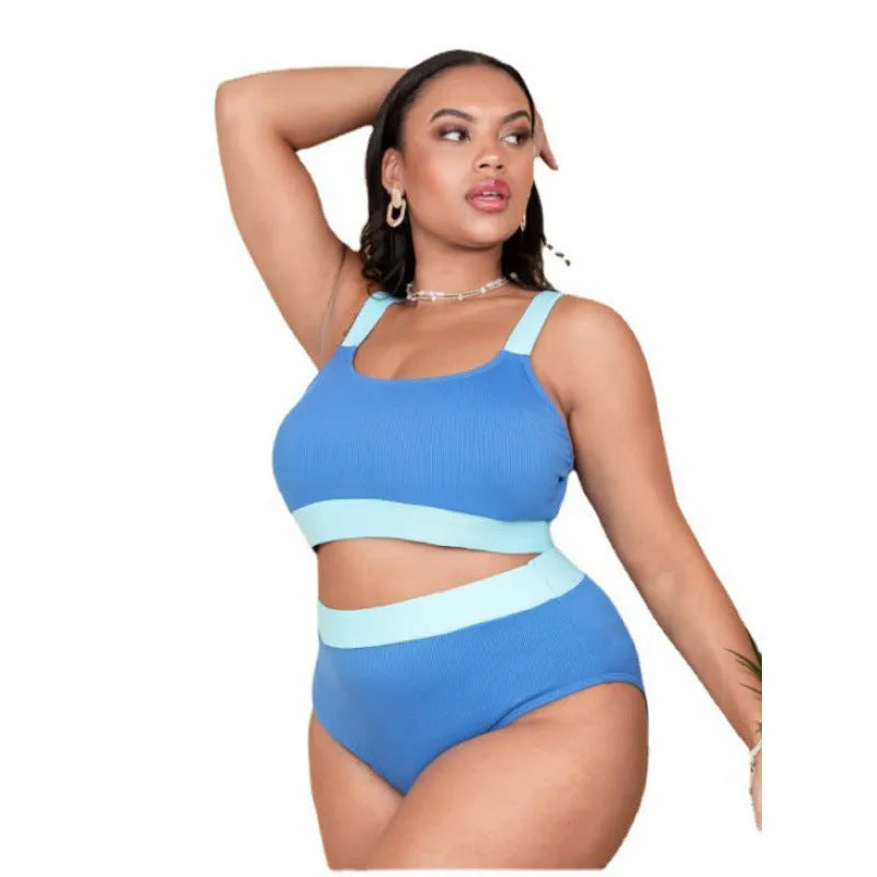 Women's high-waist split-leg bikini in polyester fabric available in extended sizes