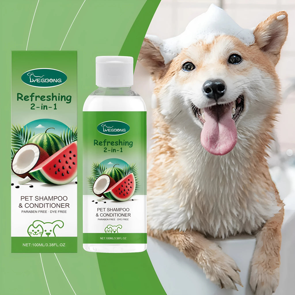 100ml bottle of pet 2-in-1 shampoo and shower gel with watermelon and coconut fragrance.