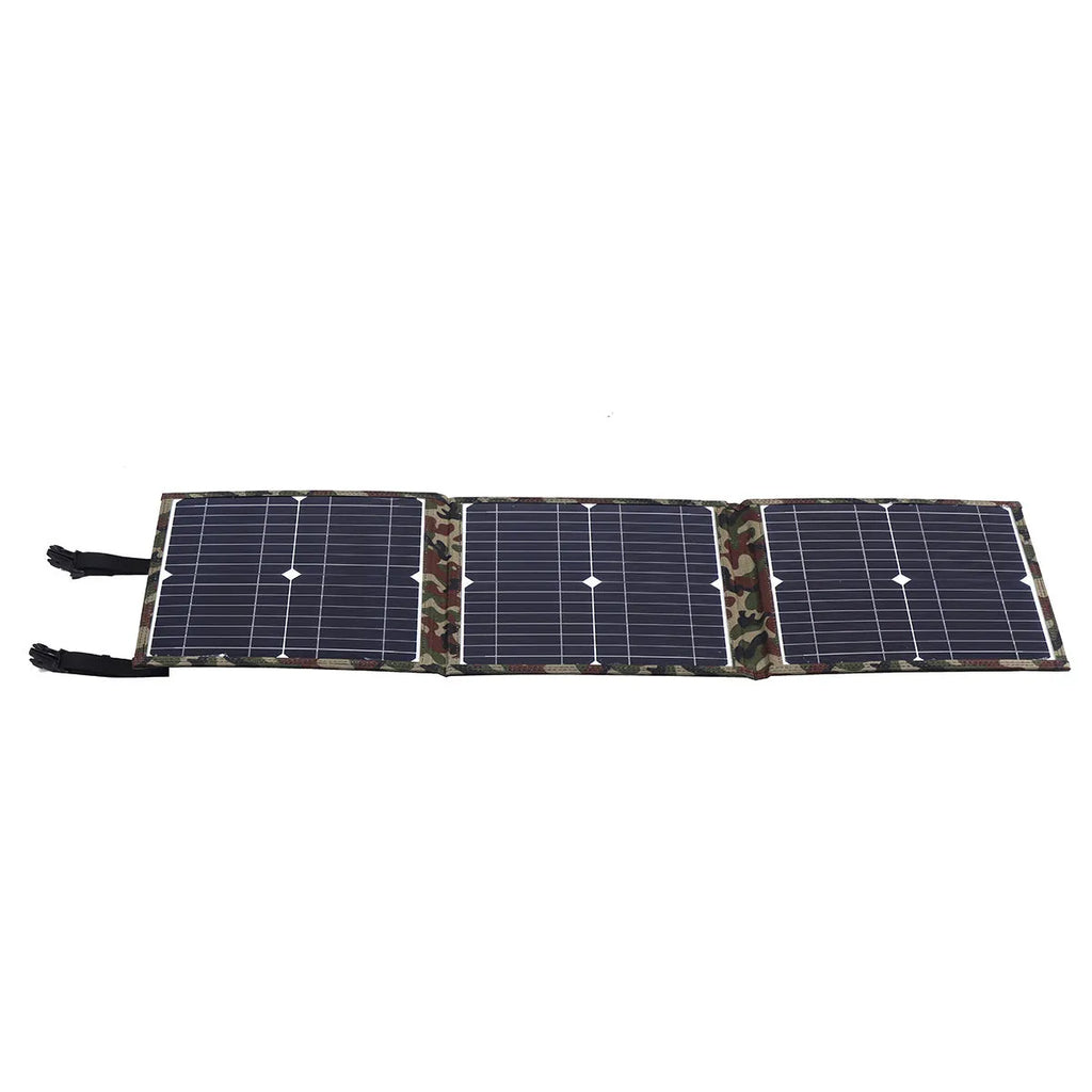 Black foldable portable solar panel unfolded showing three solar cell sections, with battery clips and car charger accessories