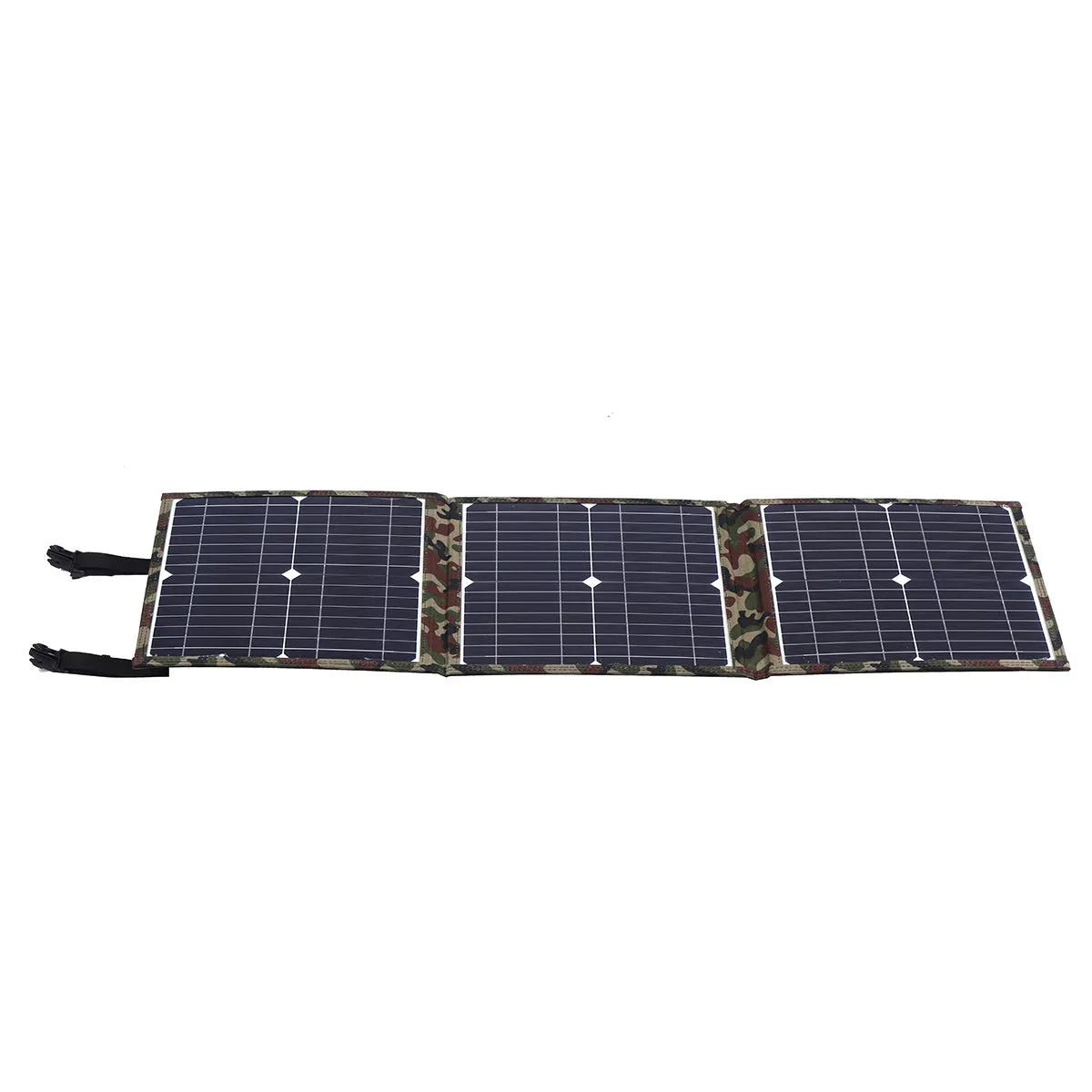 Black foldable portable solar panel unfolded showing three solar cell sections, with battery clips and car charger accessories