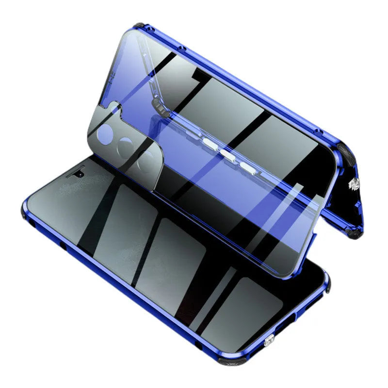 Black clamshell anti-peeping magnetic phone case for Samsung Galaxy shown open and closed.