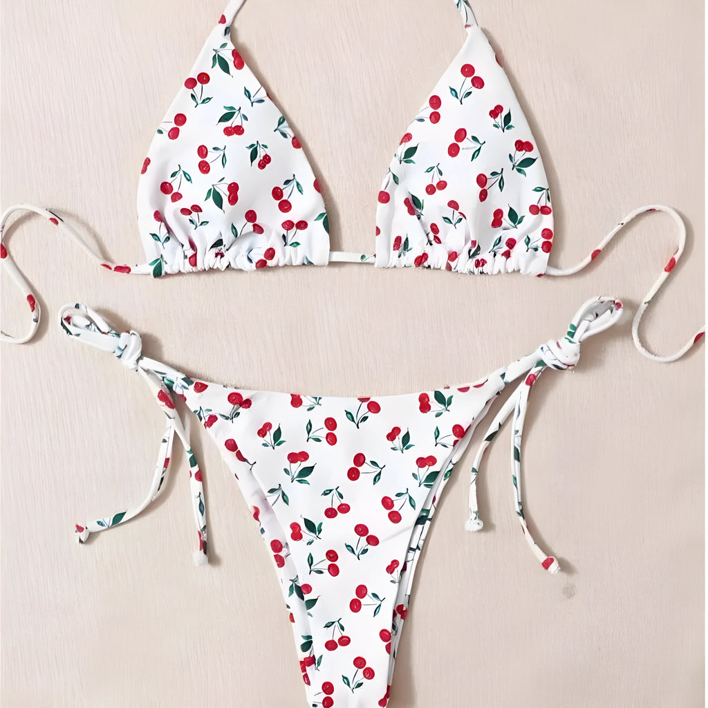 Women's split halter bikini swimsuit in solid colour with adjustable ties