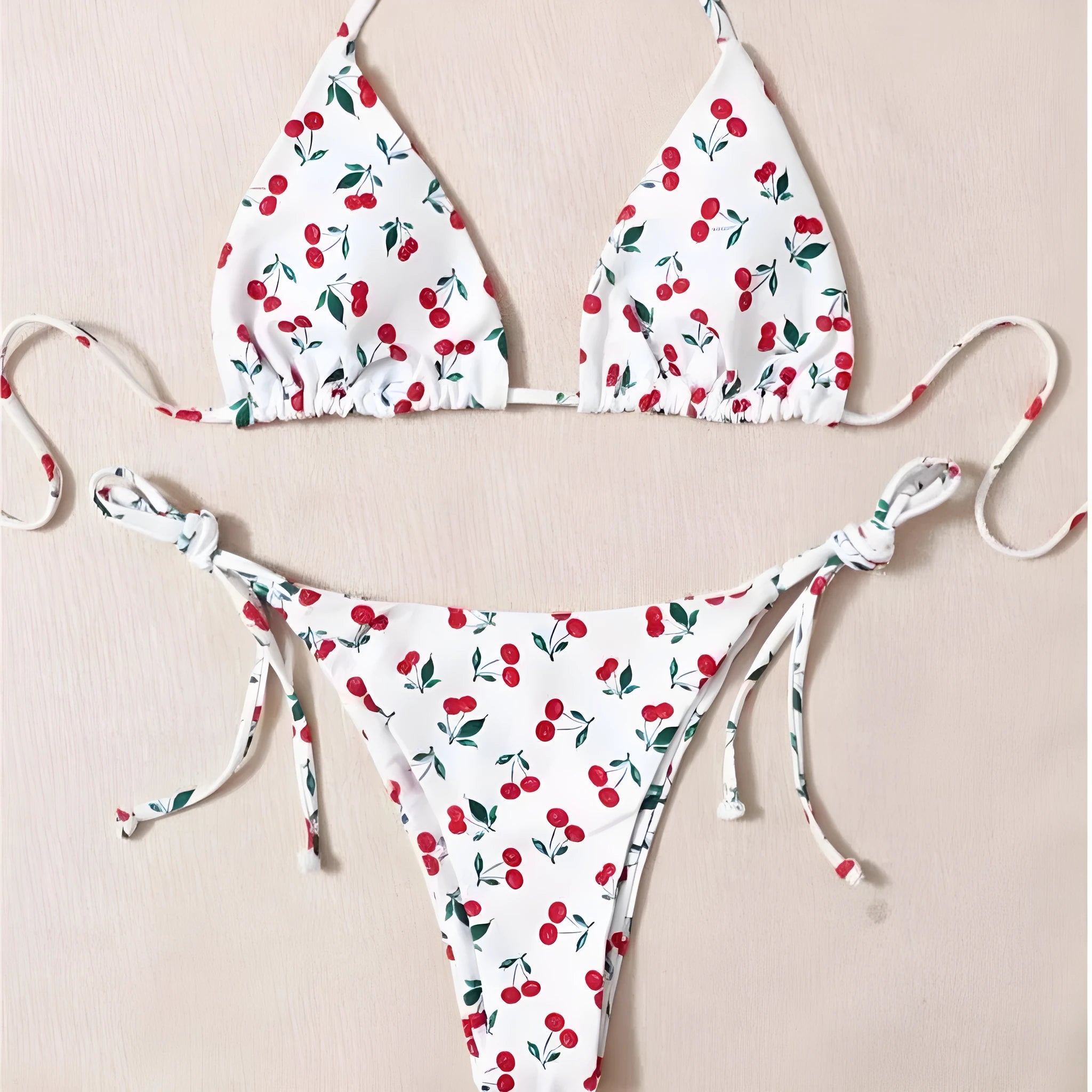Women's split halter bikini swimsuit in solid colour with adjustable ties