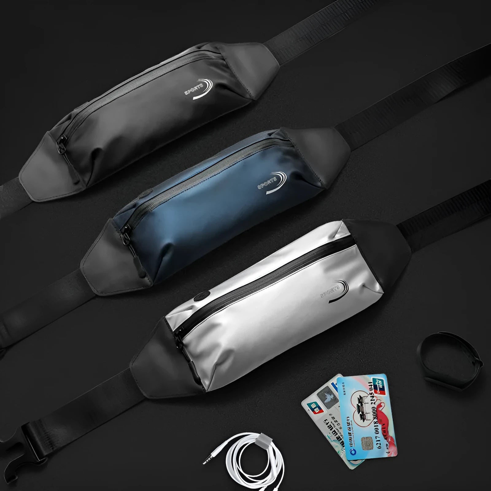 Men's black waterproof waist bag made from Derm Oxford polyester, shown with adjustable strap.