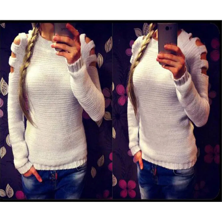 Women's grey knitted shirt with hollow-out crochet pattern, round neck and long sleeves