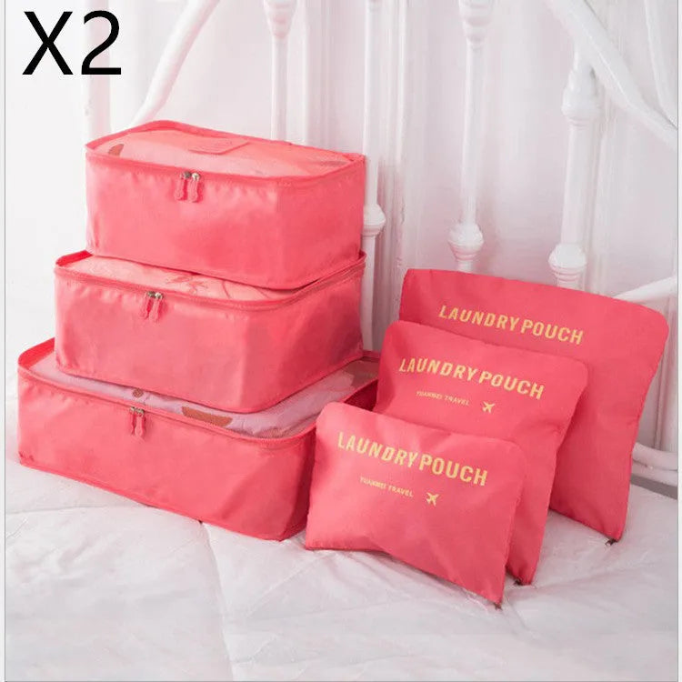 6 PCS travel storage bag set in polyester with handbag shape, multiple colour options for clothes and cosmetic organisation