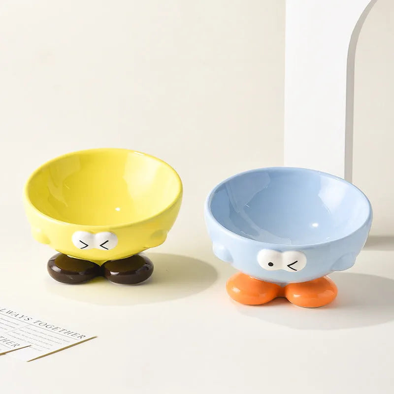 Ceramic slanted pet bowl in blue colour showing oblique design for neck support during feeding