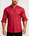 Teenage men's red stand-up collar casual shirt with traditional Chinese style mandarin collar