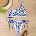 Women's blue one-shoulder bikini swimsuit with floral pattern
