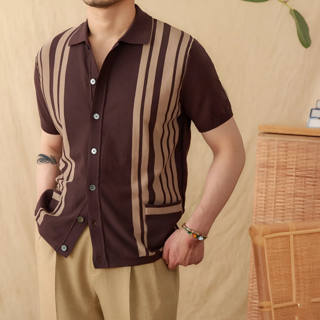 Light blue striped knitted cardigan polo shirt with lapel collar on a hanger.
