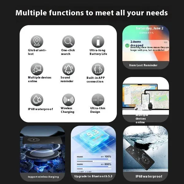 Black rechargeable Find My compatible tracking card with keychain attachment