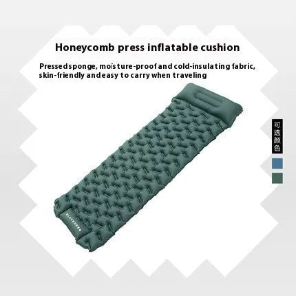 Honeycomb pattern inflatable camping mattress in blue or green colour options