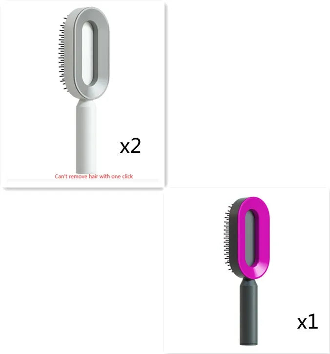 Self-cleaning air cushion hair brush in white, black gold, or black purple with ergonomic handle