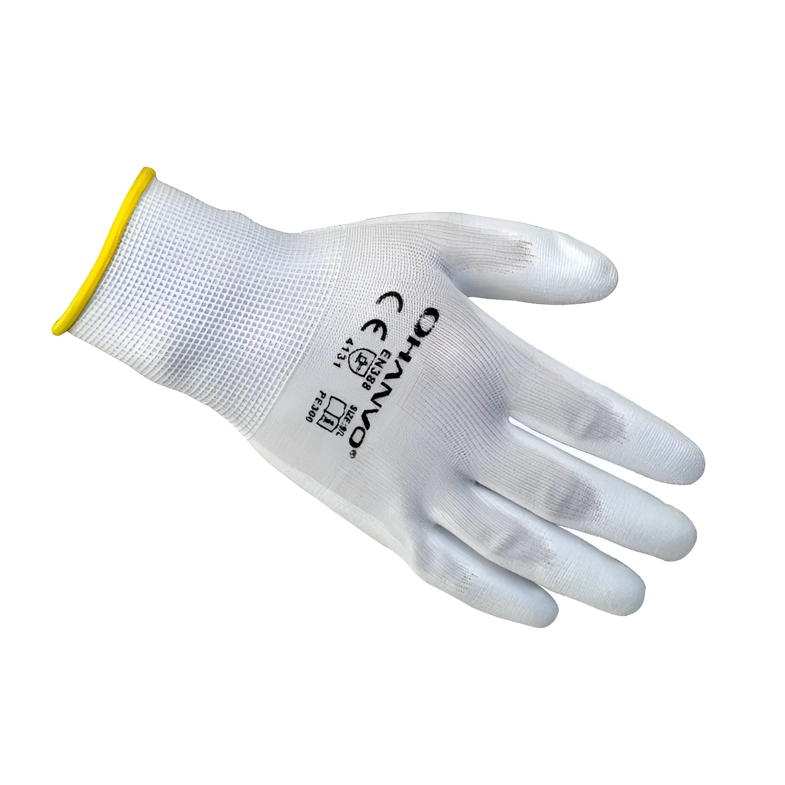 White PU coated labour gloves showing cotton backing and palm coating with 24cm length measurement