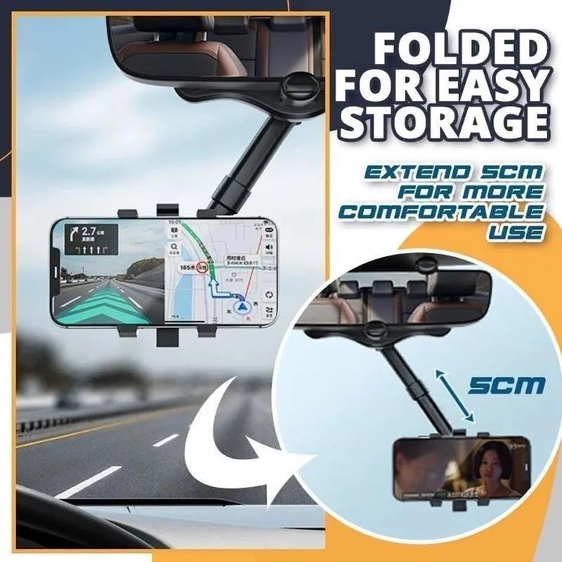 Black rearview mirror car phone holder showing 360-degree rotation and telescopic arm extended