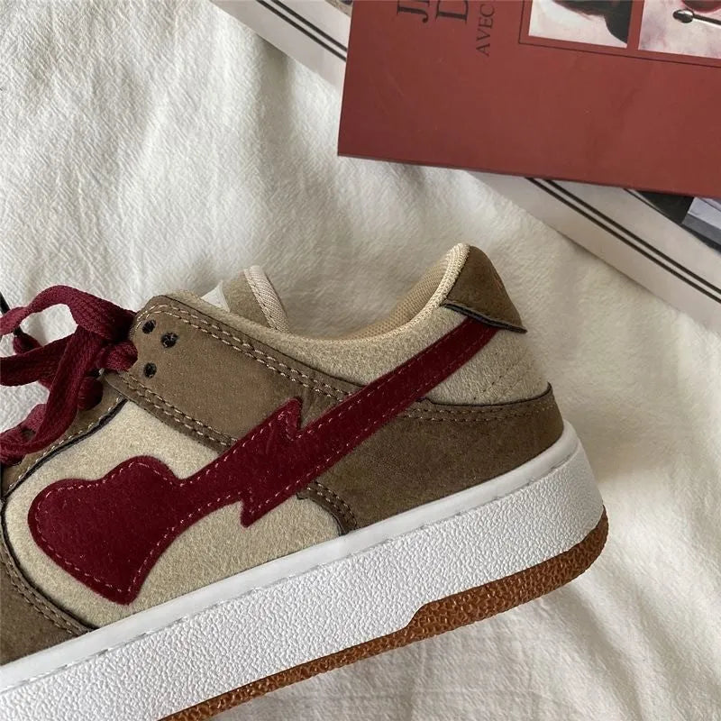Women's brown PU leather casual bread shoes with round toe, low top, and mid heel, front lace-up closure
