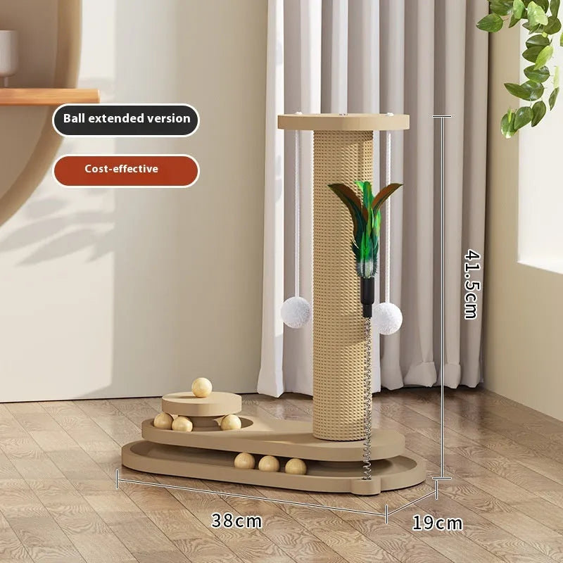 Solid wood cat scratching post with turntable climbing platform in various style configurations