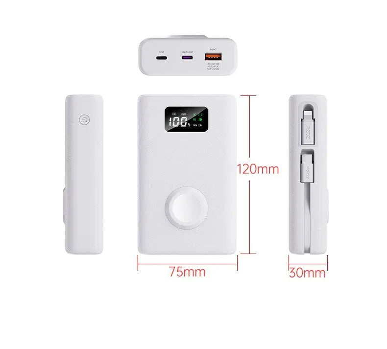 White and black wireless charging power bank with screen display showing battery level, 20000mAh capacity.