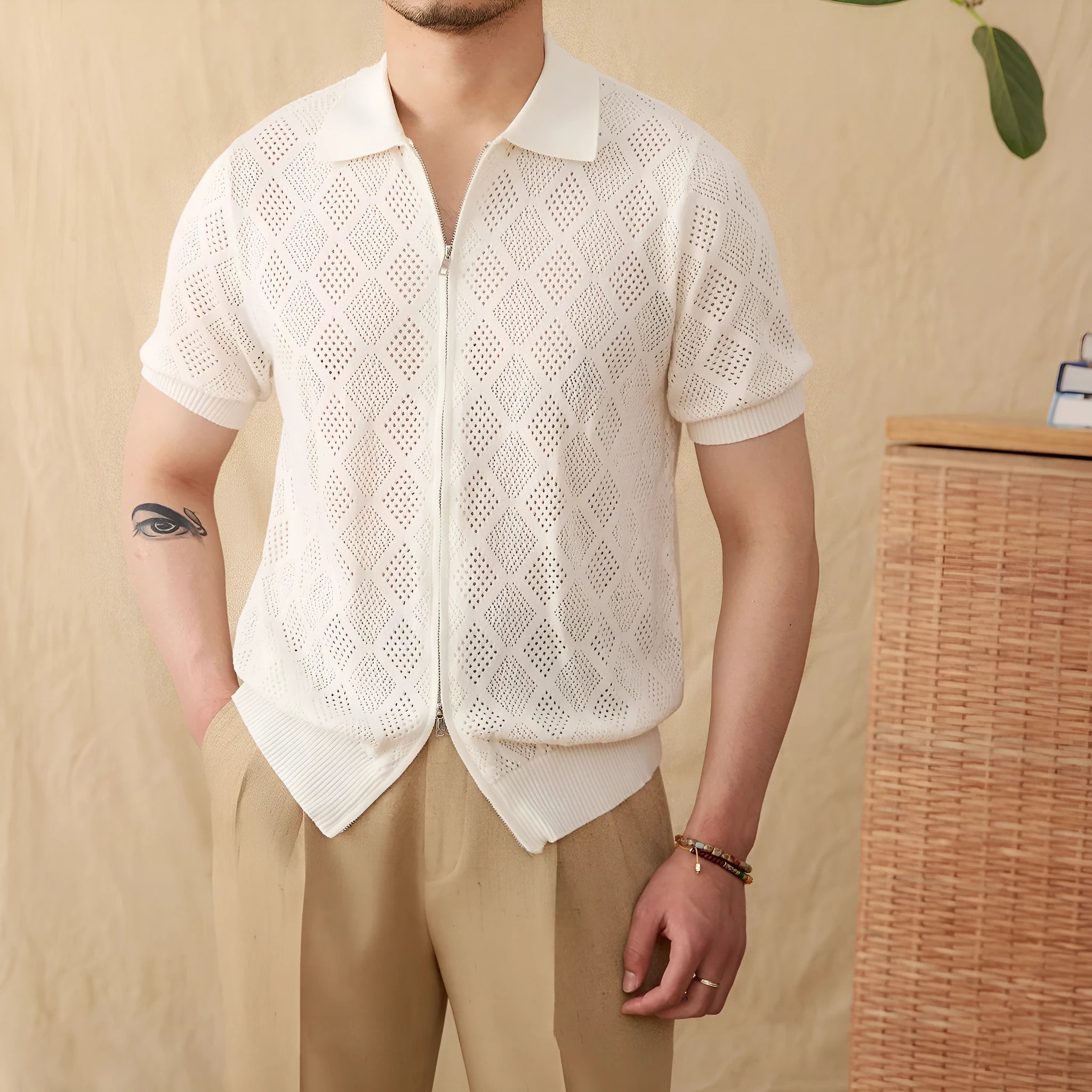 Light brown cotton casual cardigan with zipper and lapel collar on a hanger.