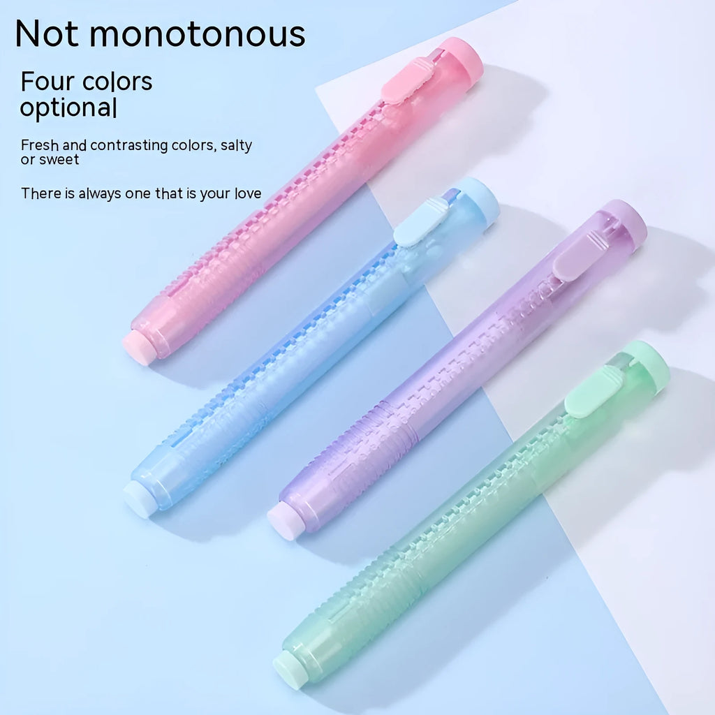 Push-type children's automatic eraser in blue, green, pink, and purple colours on a white background.