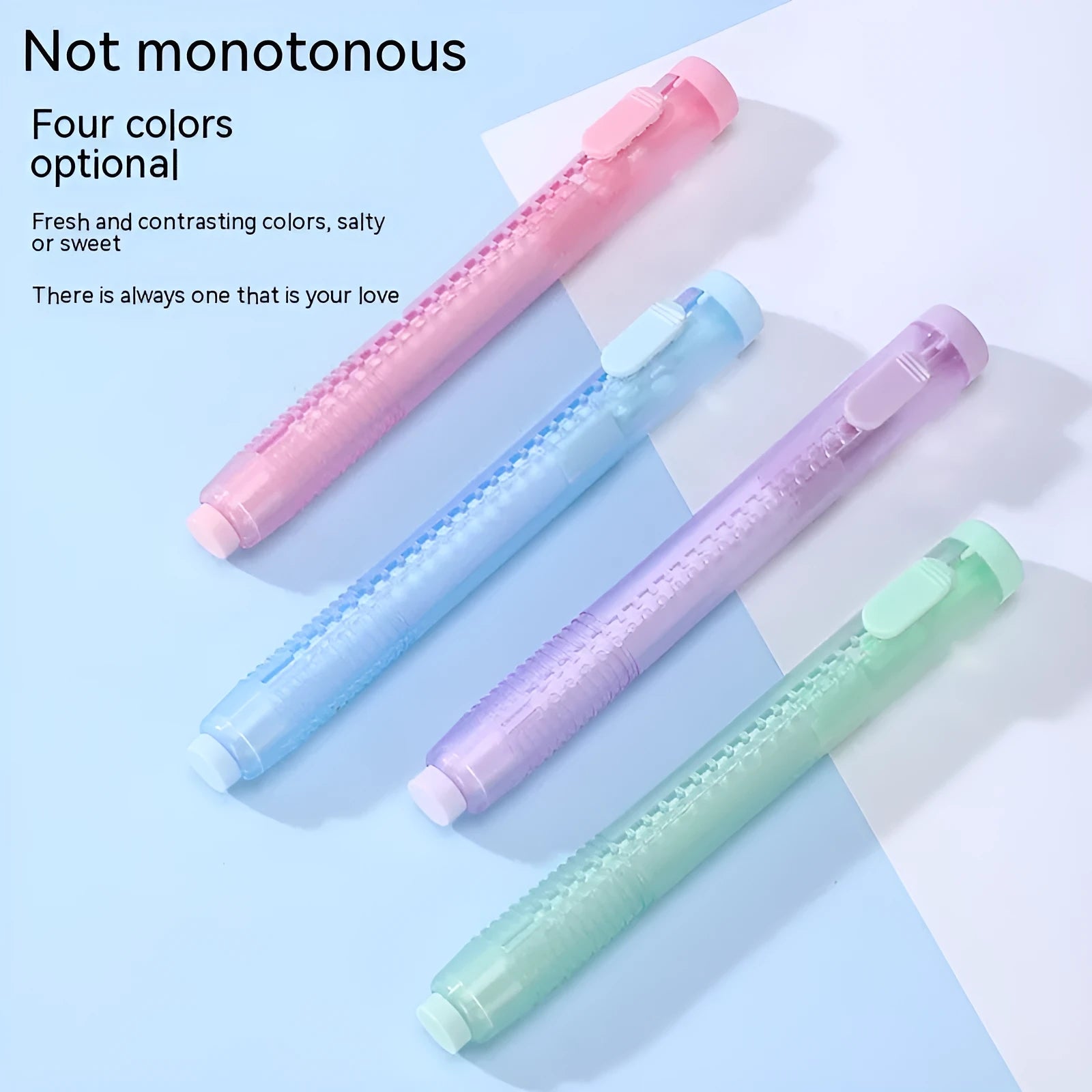 Push-type children's automatic eraser in blue, green, pink, and purple colours on a white background.