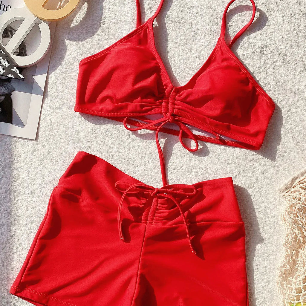 Women's high waist split swimsuit bikini set in red, sleeveless top and shorts, nylon fabric