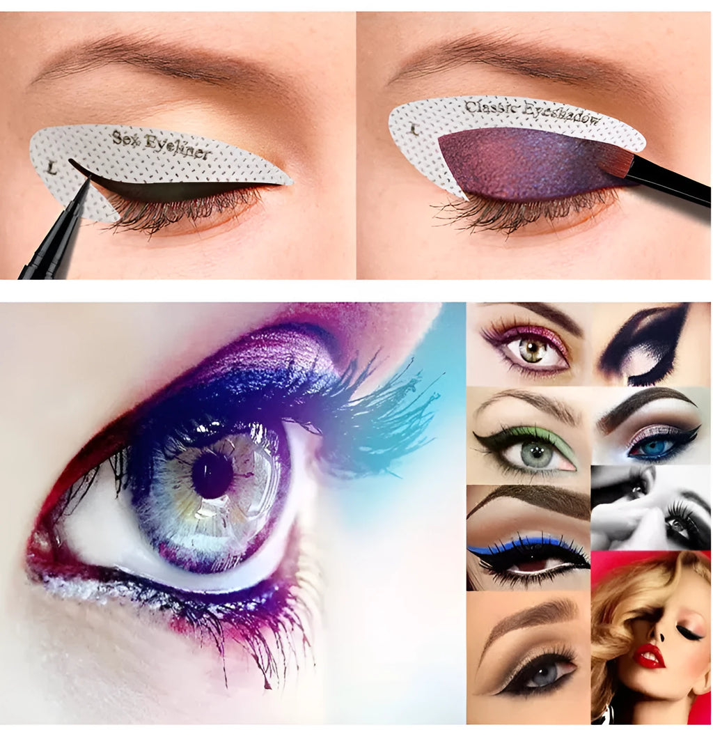 Four reusable adhesive eyeliner stencil stickers for creating winged and cat eye makeup looks.