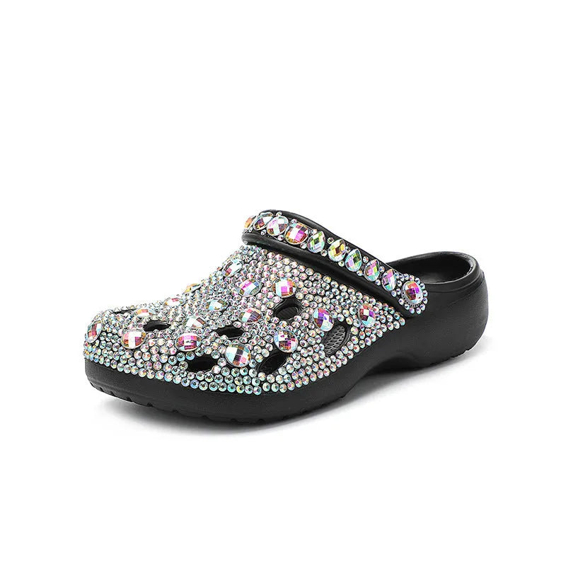 Black women's platform sandals with rhinestone decoration on the EVA upper.